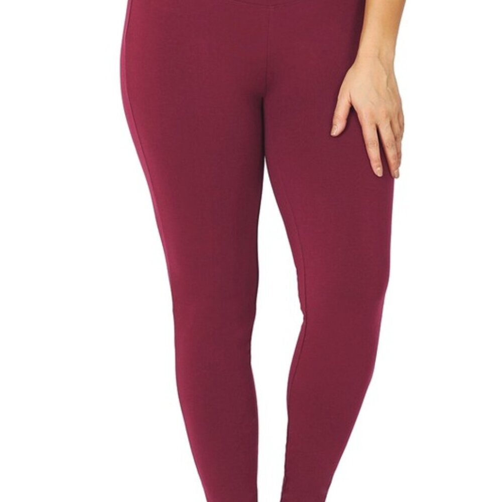 Zenana 1-3X Premium Cotton Wide Waistband Full Length Leggings Dk Burgundy